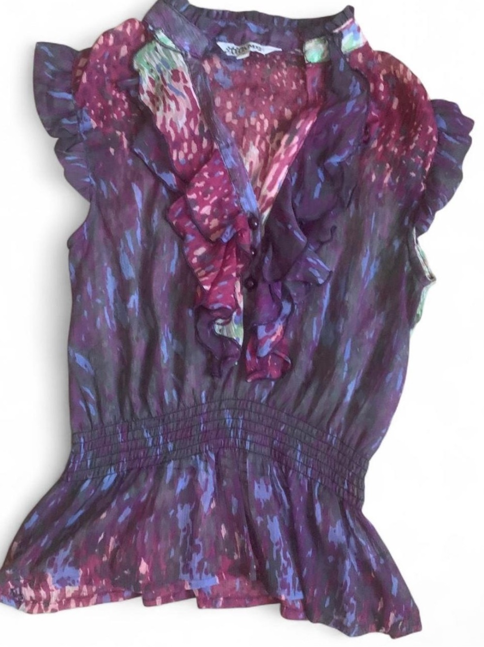 Colorfully Patterned Sheer Sleeves Blouse